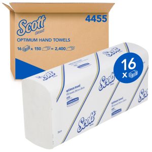 SCOTT® 4455 Optimum Hand Towel, White 24cm x 24cm, 150 Towels/Pack, 16 Packs/Case