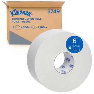KLEENEX® 5749 Compact Jumbo Roll Toilet Tissue, White 2 Ply, 300 Metres/Roll, 6 Rolls/Case